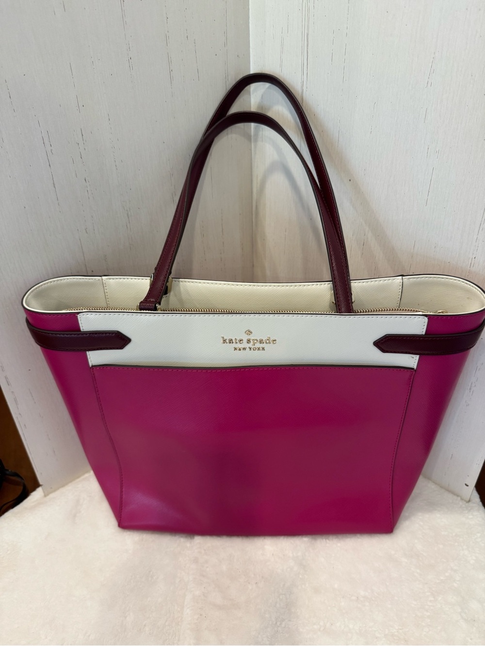 kate spade Fuchsia Pink, White & Dark Burgundy Leather Tote